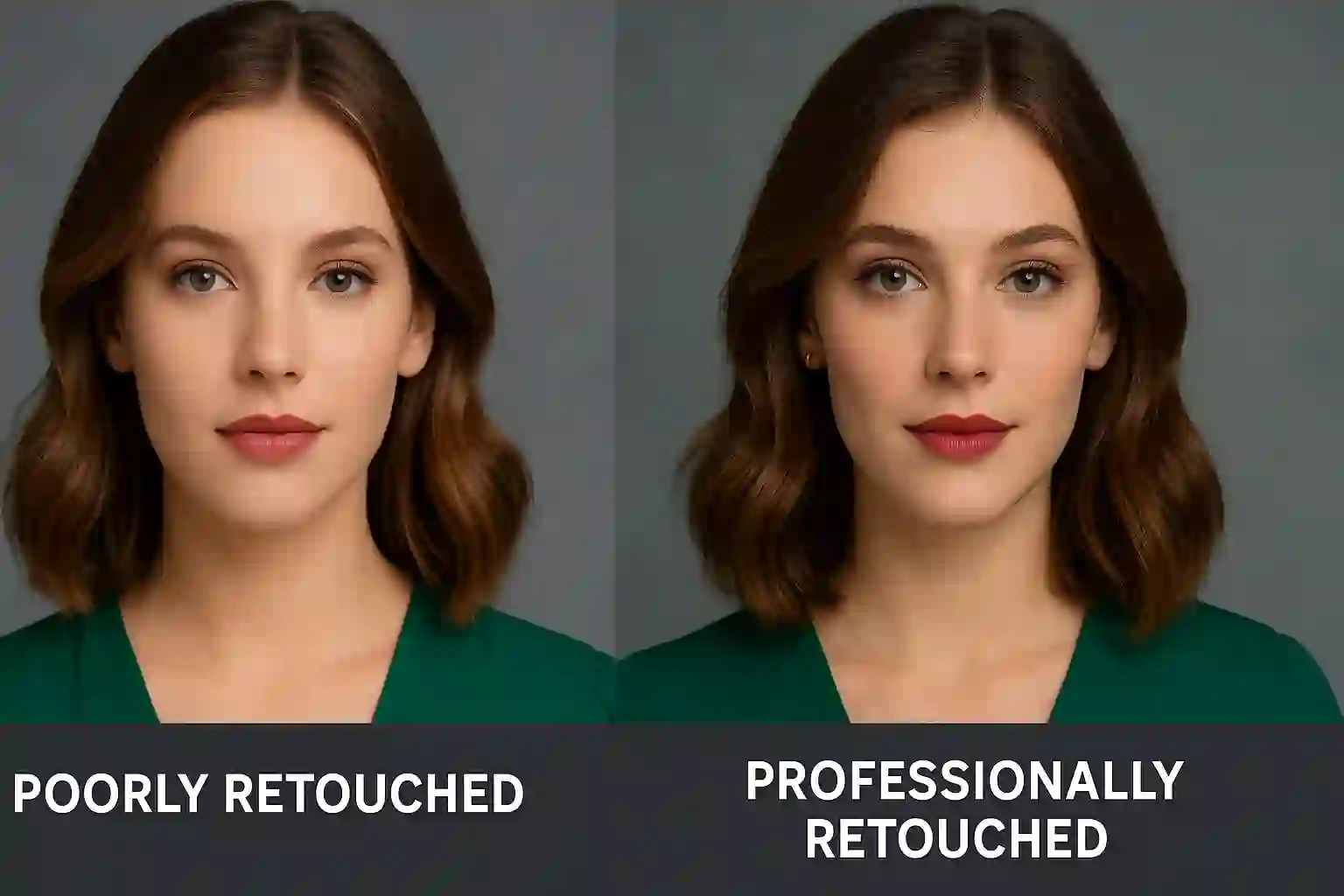 A side-by-side comparison of a poorly retouched image with over-smooth skin versus a professionally retouched image with natural texture and tones.